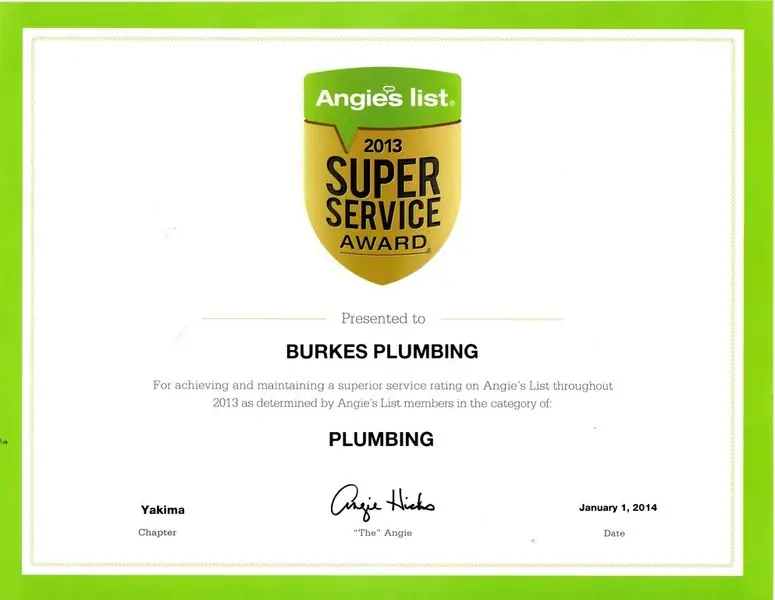 Angie's List 2013 Super Service Award certificate presented to Burkes Plumbing, Yakima