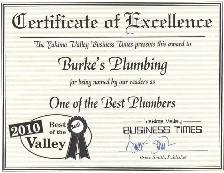 Yakima Valley Business Times 2010 Best of the Valley certificate naming Burke's Plumbing one of the best plumbers