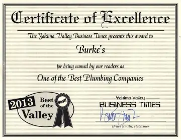 Yakima Valley Business Times 2013 Best of the Valley certificate naming Burke's one of the best plumbing companies