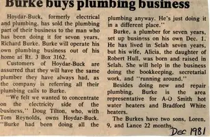 Newspaper clipping from December 1981 headlined Burke buys plumbing business